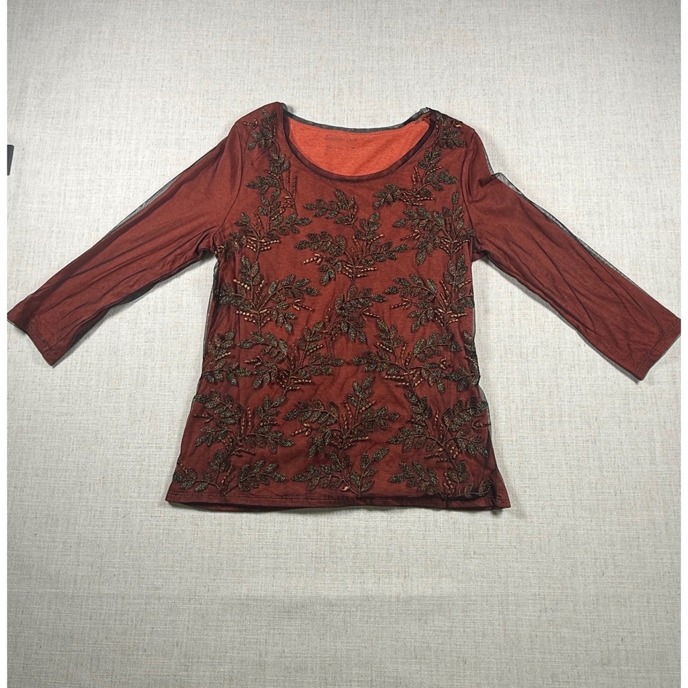 Coldwater Creek Orange/Blk Metallic Floral Mesh Layered Top M 10-12 Fall Holiday